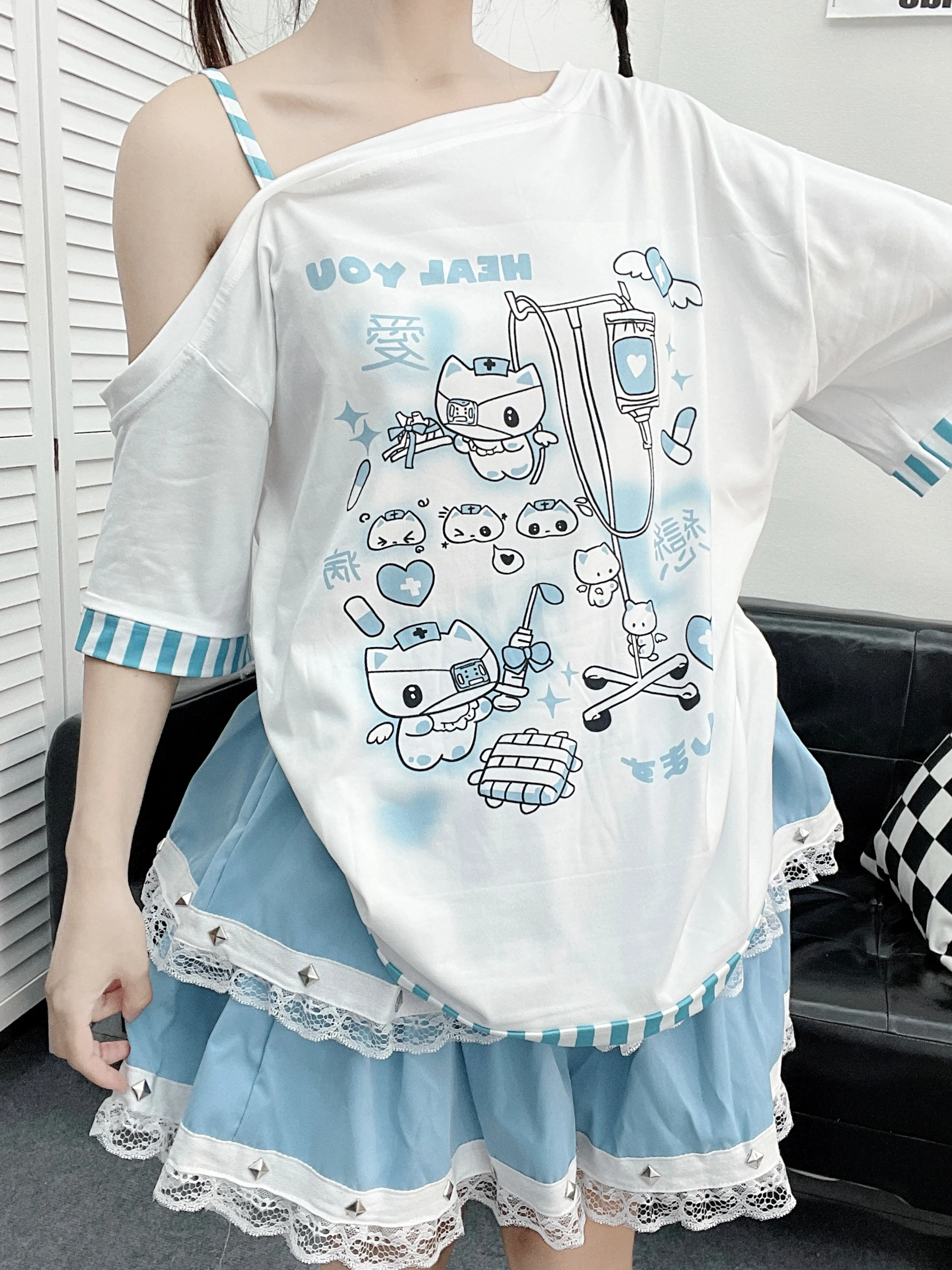 Gothic Y 2K Harajuku T Shirts Vrouwen Japanse Mode Patchwork Kawaii Zoete Cartoon Print Streep T-Shirts Tops Zachte Meisjesstijl