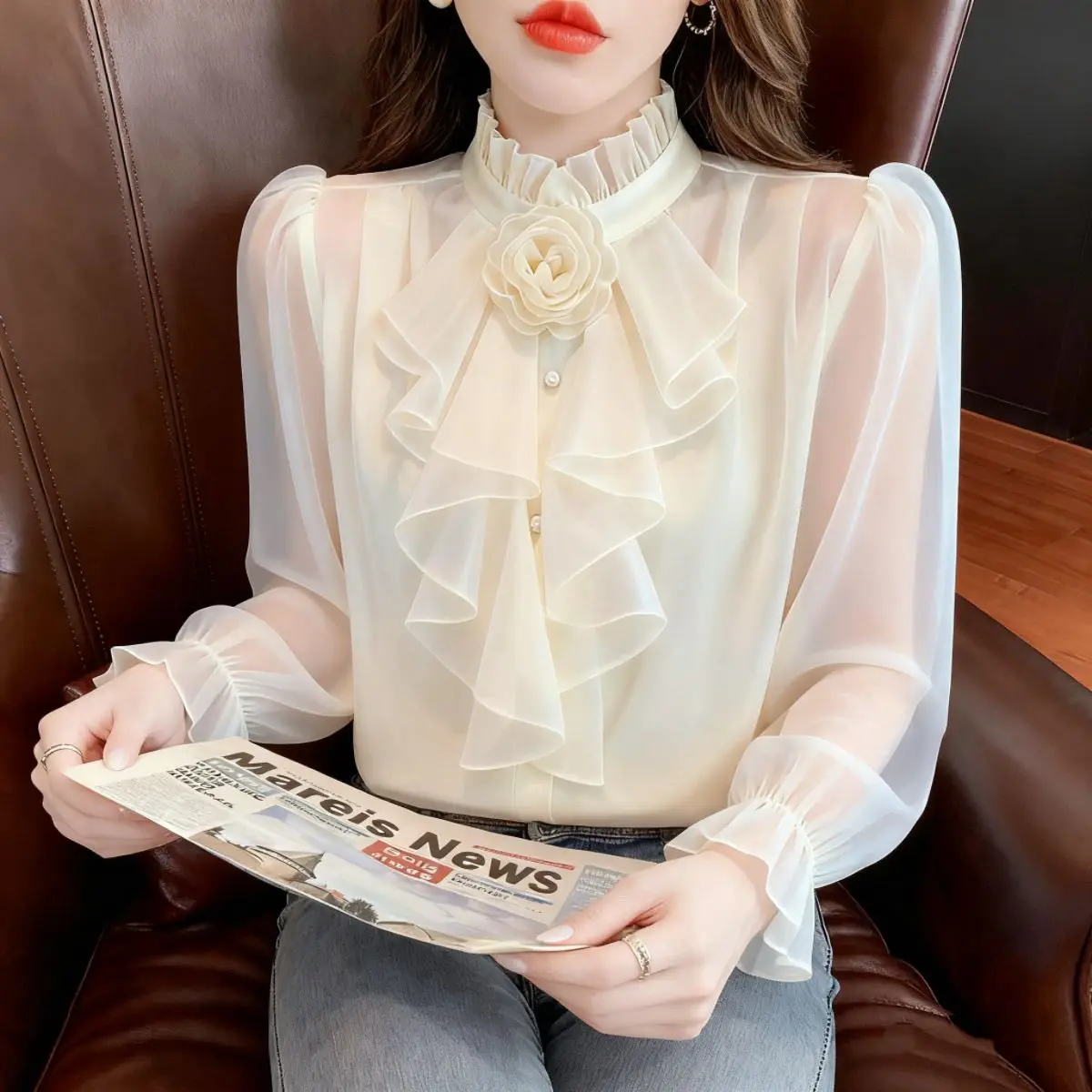 

French court style ruffle edge chiffon shirt women's spring new unique fashion versatile shirt temperament top