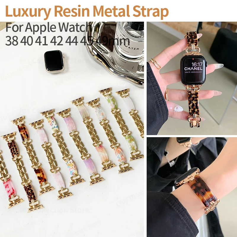 Tali logam Resin untuk Apple Watch, tali 40mm 44mm 45 38 41 gelang warna-warni untuk iWatch Seri 7 8 SE 6 5 3 42mm 49mm Aksesori