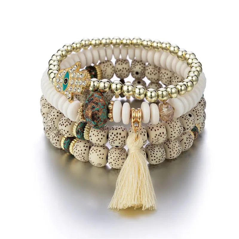 New Evil Eye Tassel Bracelet Set For Women Crystal Fatima Hand Charm Stone Beads Chain Bangle Female Bohemian Jewelry Gift