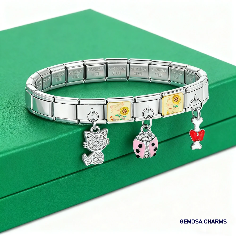 GEMOSA Silber Farbe Katze Delphin Welpen Käfer Eule Italienischer Charm Link passend für 9mm Edelstahl Herstellung Armband DIY Schmuck Anhänger – Detail 2