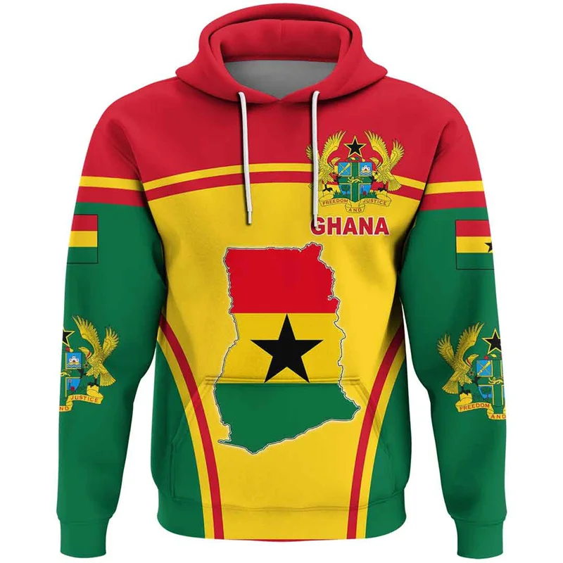 3D Printed Ghana Flag Map Hoodies For Men National Emblem Graphic Sweatshirts Casual Hoody Tops Oversized Long Sleeves Pullovers