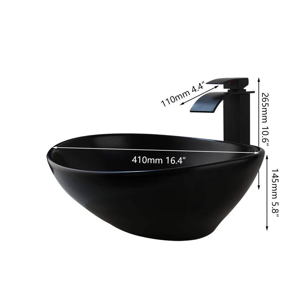 ZAPPOM Matte Black Ceramic Vessel Sink Set Bathroom Countertop Wash Basin Complete Vanity Sink Kit for Home Hotel Bathroom