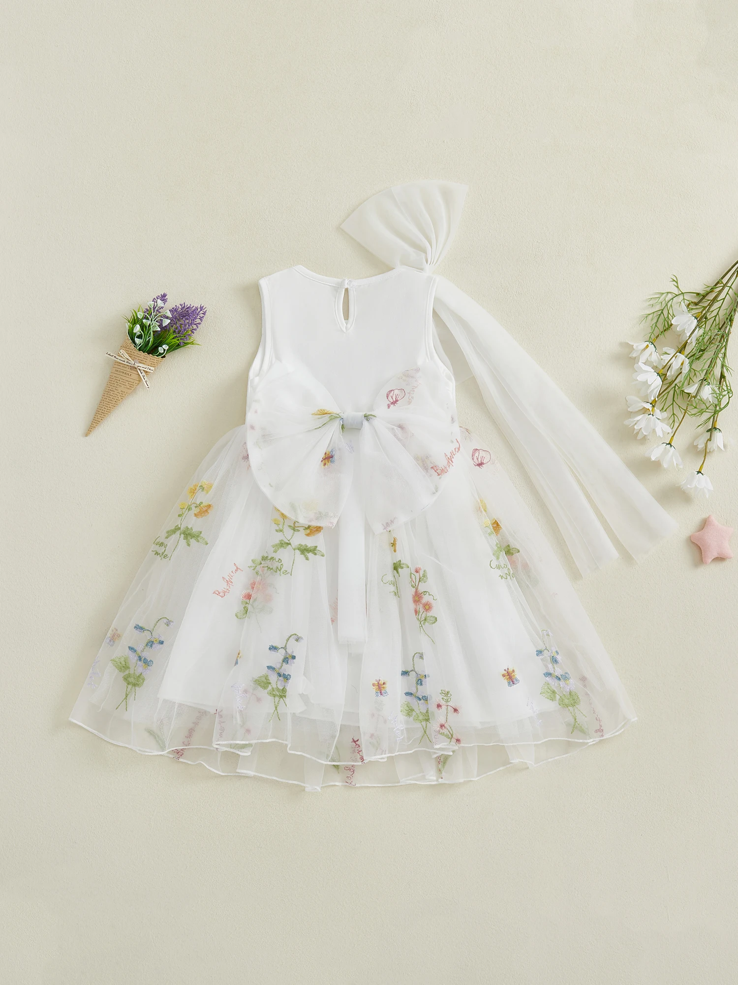 

Girls Sleeveless Floral Print A-line Dress Crew Neck Tulle Princess Dress for Summer Birthday Party Outfit