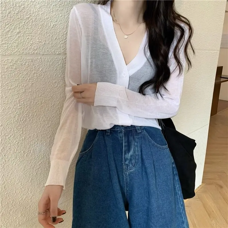 Summer Casual Loose Thin Long Sleeve Coat Women Fashion All-match V-neck Button Cardigan Sexy Transparent Y2k Sunscreen Clothing