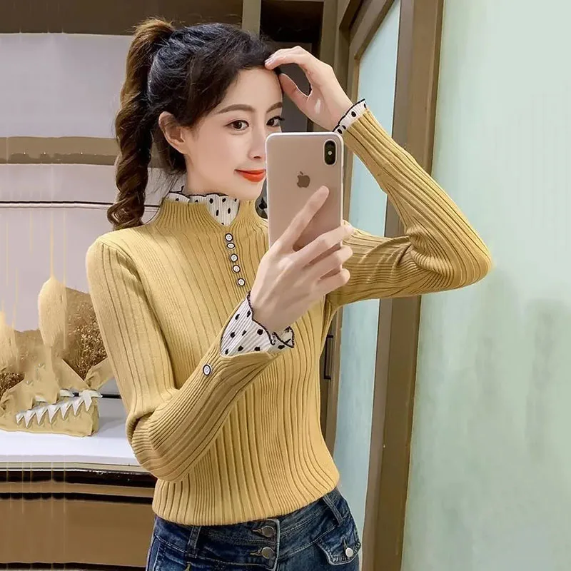 Suéter con cuello de tortuga para mujer, Jersey de manga larga con costuras de encaje, Tops femeninos, novedad de Otoño Invierno 2025