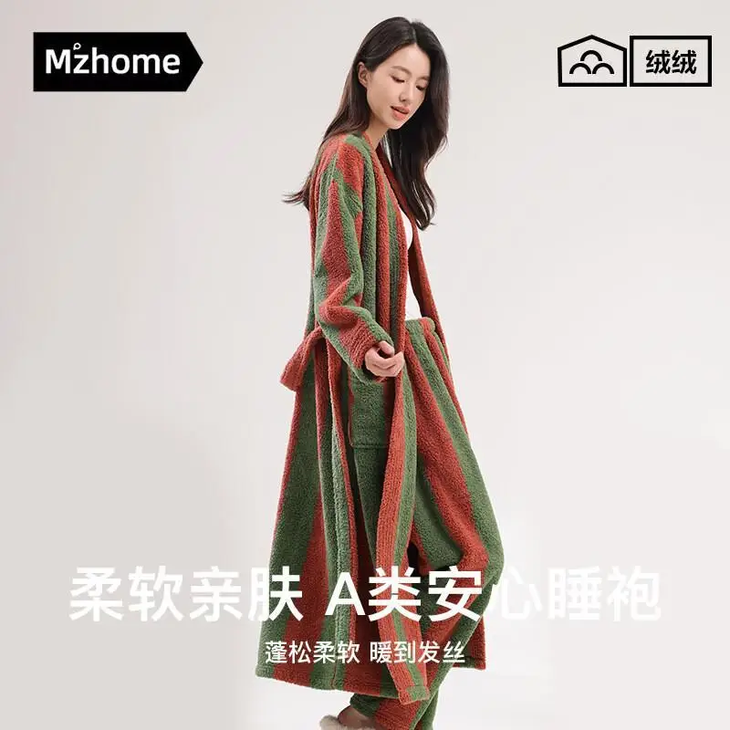 

Women's Pajama Set Comfortable Sleepwear Winter Robe Coral Fleece Thick Flannel Long Striped Bathrobe Homewear Loungewear Cute