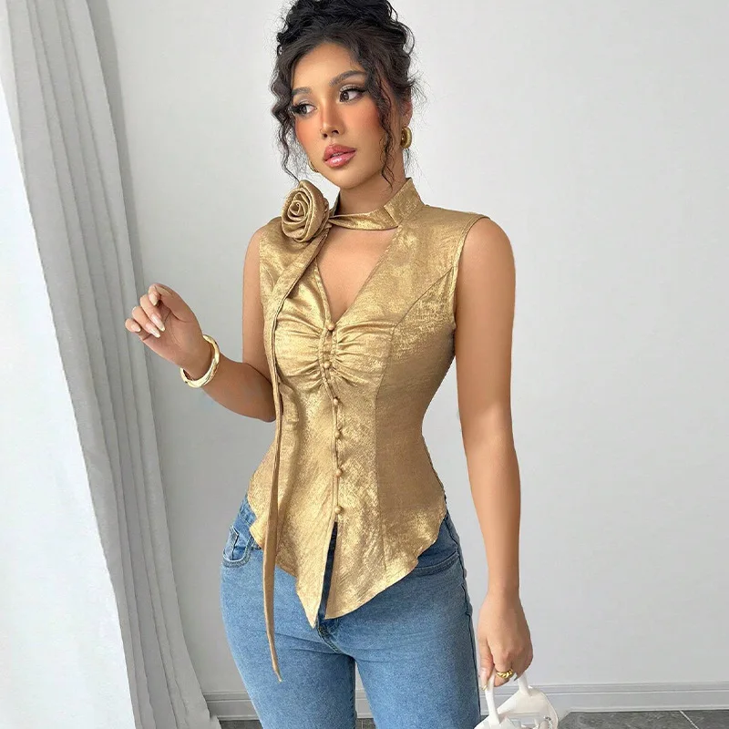 

Fashionable Sleeveless Shirt With Tie 2026 Summer Women's Slim Fit Shirt Cardigan