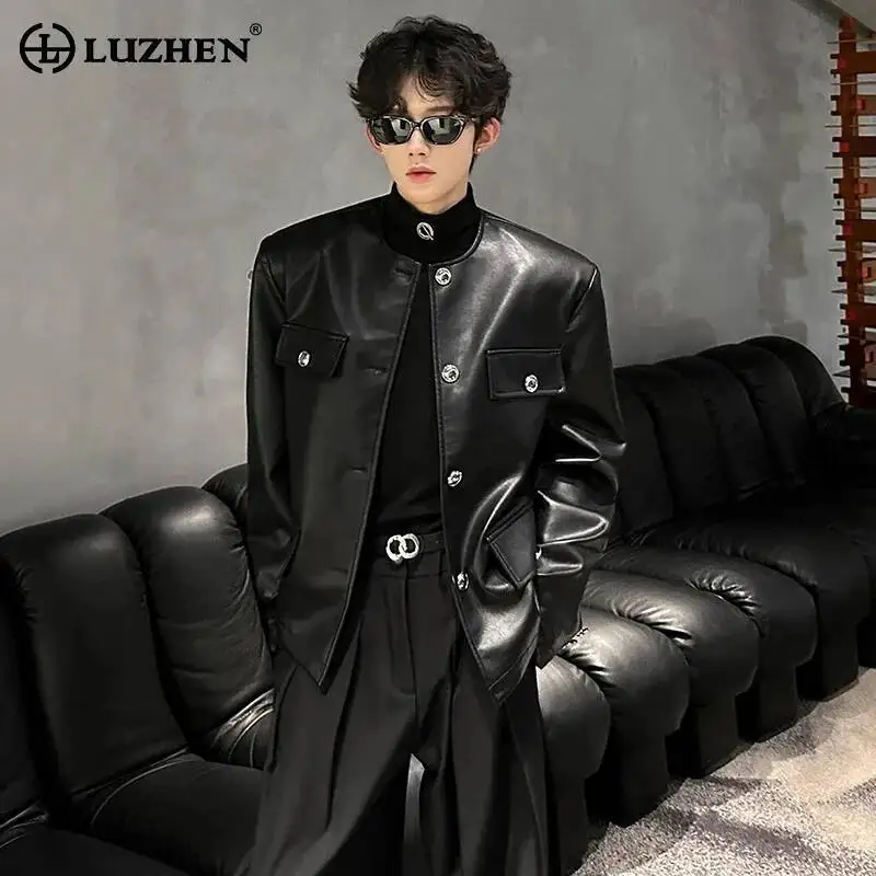

LUZHEN Decorate Leather Stylish Round Neck Elegant Jacket Pockets Men's 2025 Autumn High Quality Shoulder Pad Male Coat JY7159