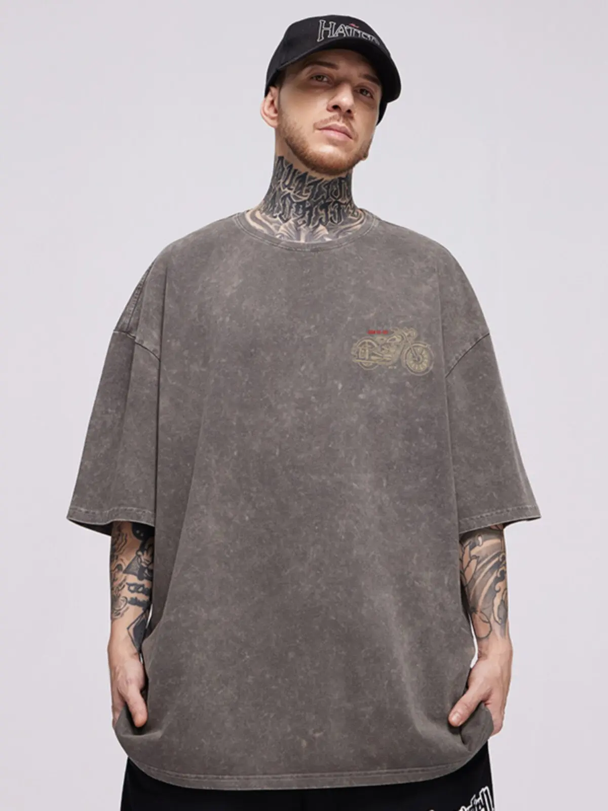 Summer New American Retro Street Style Loose Casual Locomotive Men's Letter Printing Black Gray Round Neck Half Sleeve T-shirt