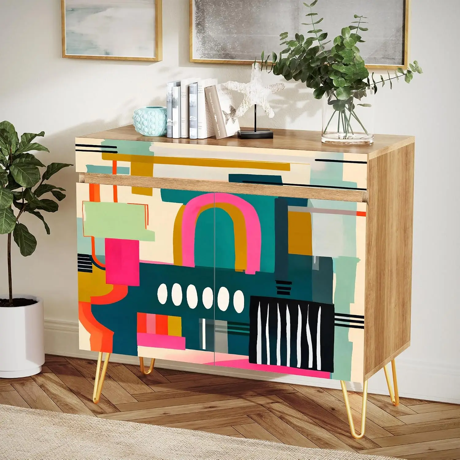 Colorful Geometric Sideboard Cabinet with 2 Doors, Kitchen Storage Cupboard Console for Dining Room, 35