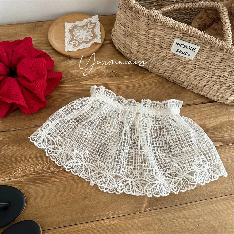 Boutique Korea Kids Baby Girls Kawaii Skirt Toddler Lace Skirt with Hollowed-out Mesh Embroidery Cute Fold A Half Skirt