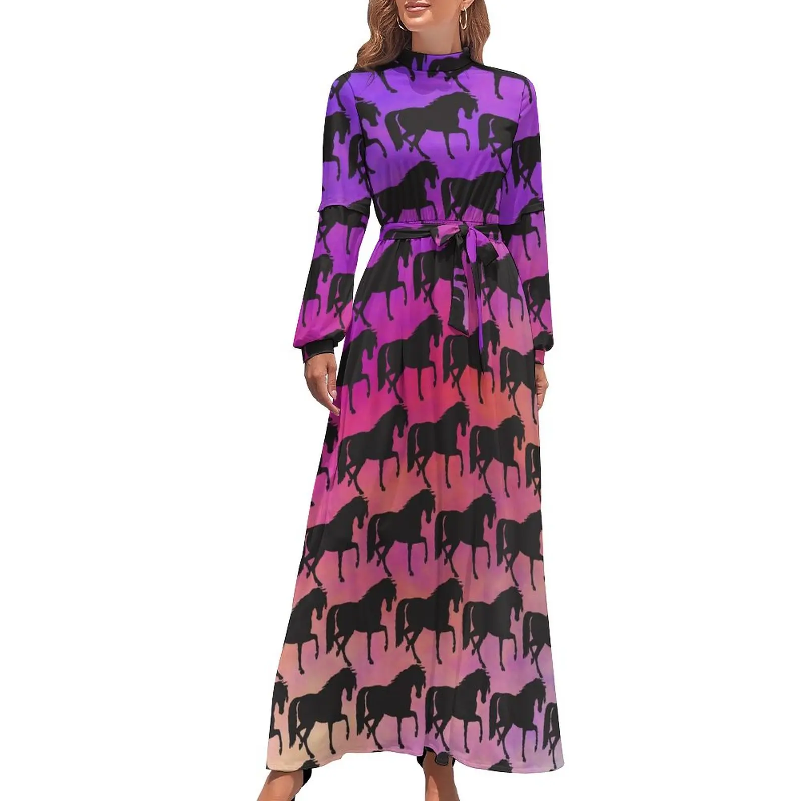 Prancing Horse Dress Sunset Rainbow Print Elegant Maxi Dress Streetwear Beach Long Dresses High Waist Pattern Clothing