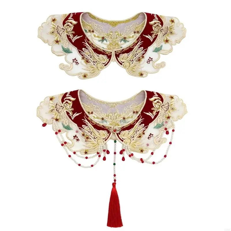 49MC Embroidered Half Shirt Floral Collar Pearls Spread Lapel Ancient Art Collar Sweet Shawl Floral Decorative Shawl