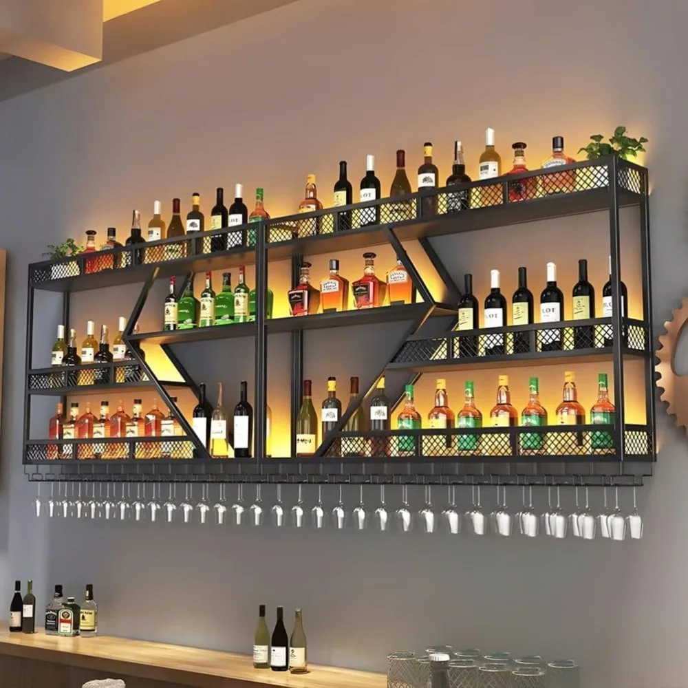 

Large Floating Bar Shelf with LED Light | Metal Wine Rack Wall Mounted & Liquor Rack, Modern Metal Bar Shelves Display Storage|