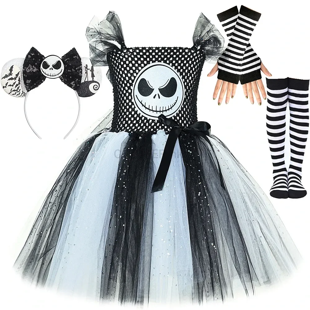 Mädchen Halloween Kostüme Albtraum vor Weihnachten Jack Kostüme Skelett Fancy Tutu Kleid Kinder Schwarz Weiß Geist Gruselige Outfits