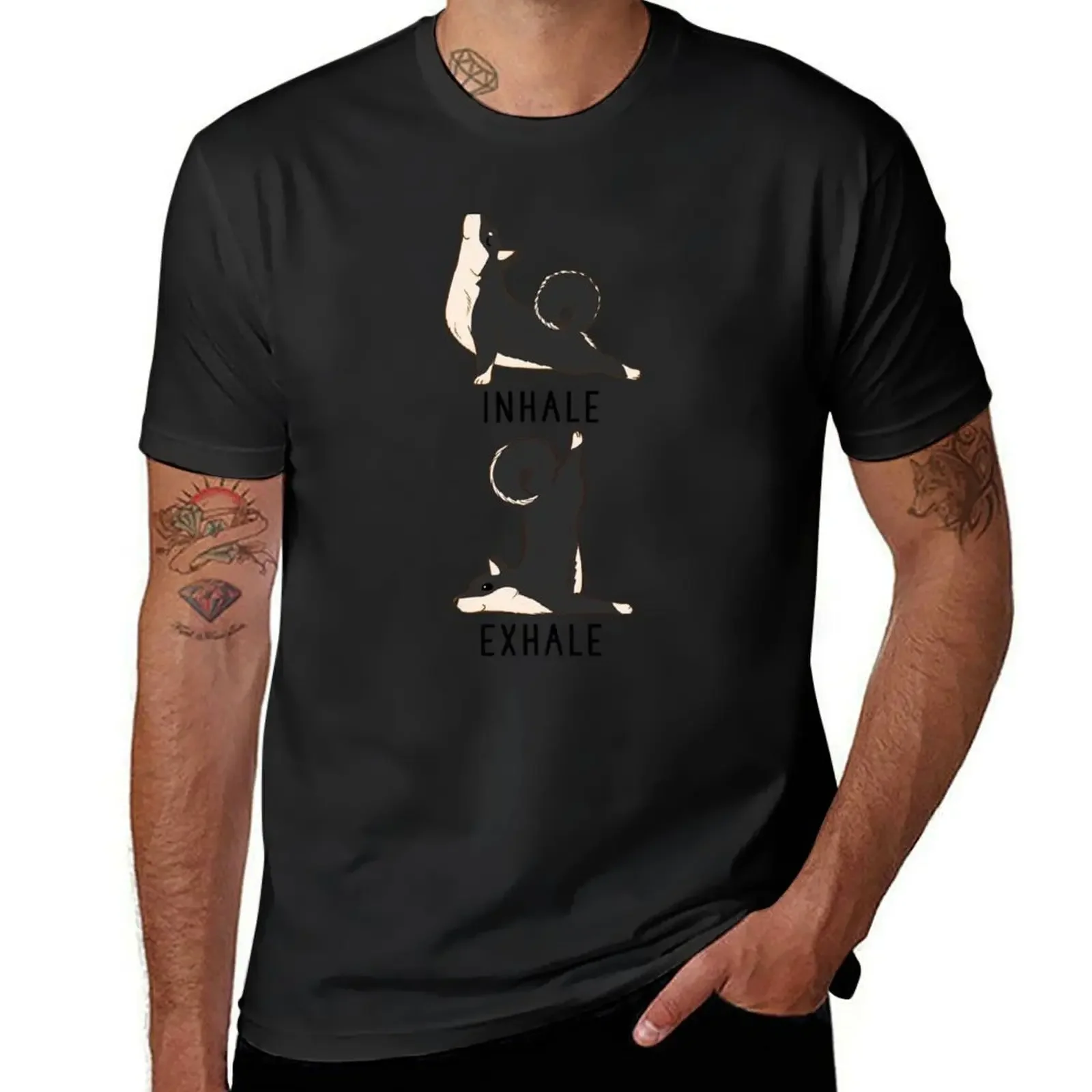 Inhale Exhale Black and Tan Shiba Inu Yoga T-Shirt custom t shirt baggy shirts cotton t shirt men