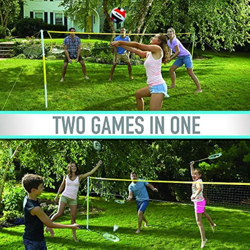 Portable Volleyball and Badminton Combo Set with Net, Rackets, Ball for Outdoor Family Fun
