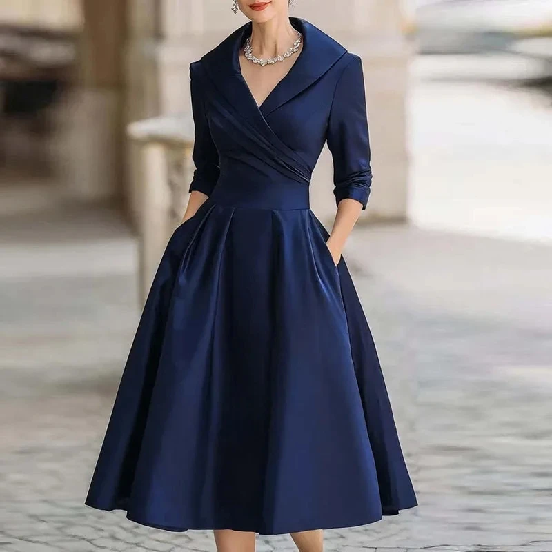 

Elegant Navy Blue Evening Party Dress V-neck Half Sleeve Satin A-line Tea Length Prom Formal Gowns Banquet Robe De Soiree