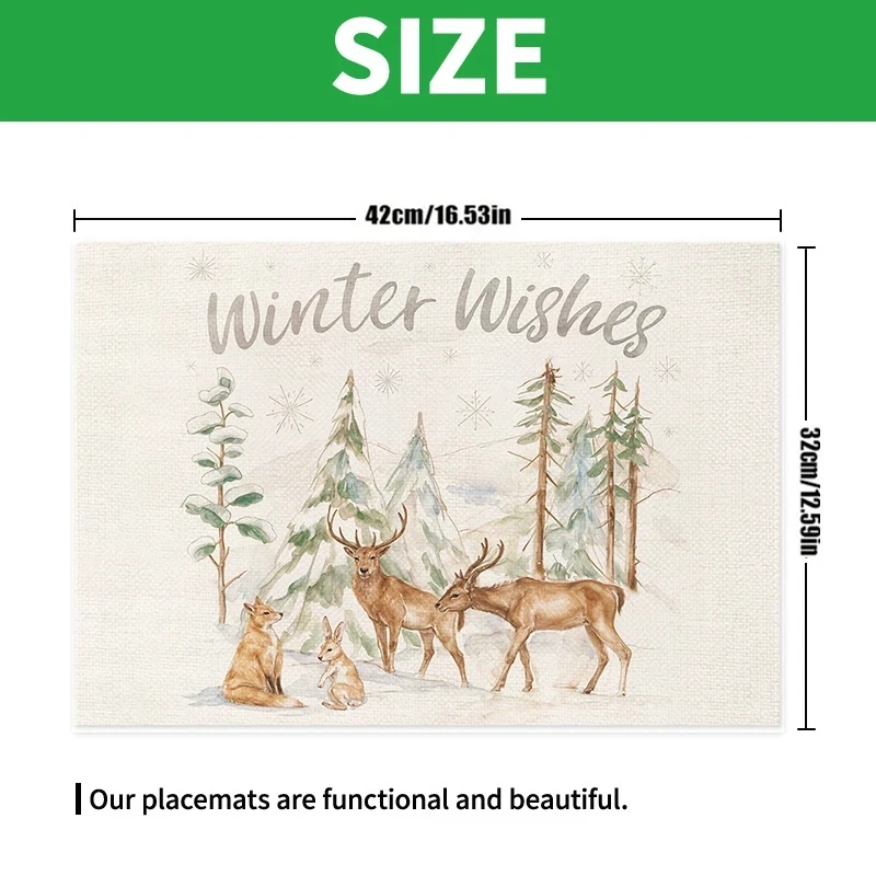 Merry Christmas Pine Tree Snowflake Print Rectangular Placemats Watercolor  Holiday Dining Table Decor Table Mats 4/6/8PCS - view 5
