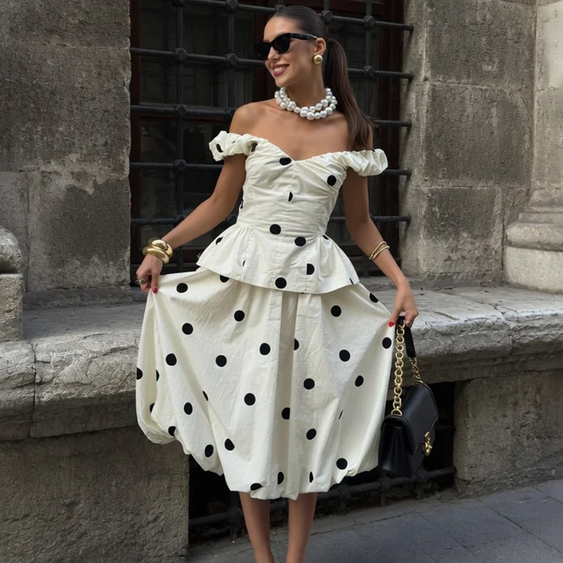 

TARUXY Stylish Polka Dot Skirt Set Women's Slim Sleeveless Cropped Straps Top Long Puffy Dress Female Summer Elegant Street Suit