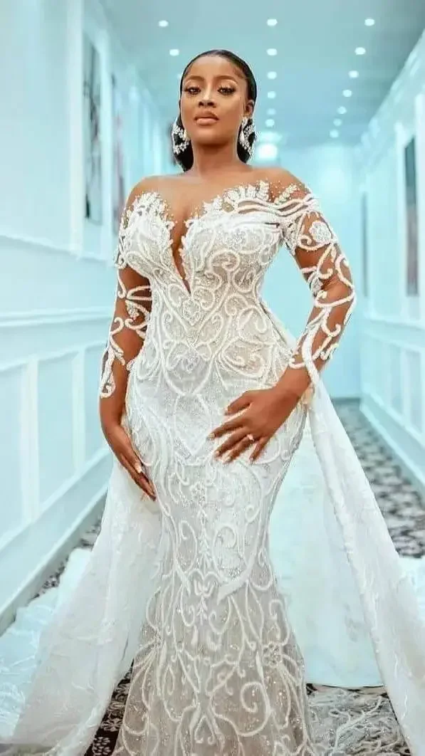 Personalizado plus size sereia vestido de casamento trem destacável frisado renda appliqued vestido de noiva árabe feito sob encomenda robe de mariage