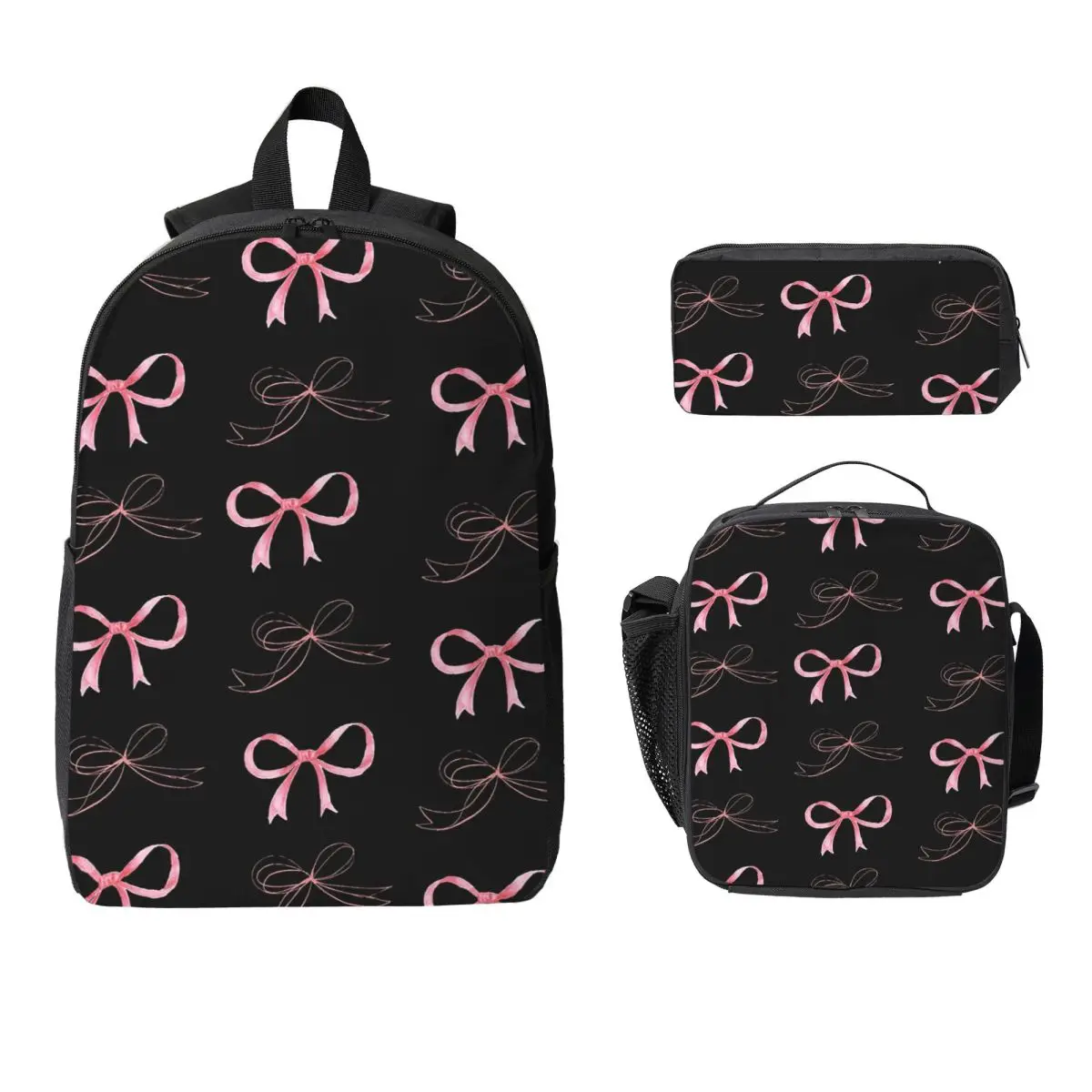 

Pink Bow In Blackground Pattern Backpack Boys Girls BookBag School Bag Laptop Shoulder Bags 3ps Insulated Lunch Bag Pencil Case
