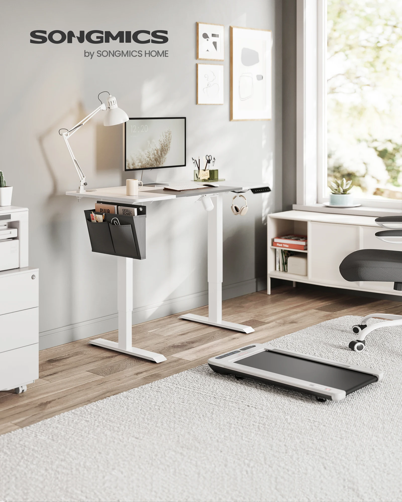 SONGMICS Höhenverstellbarer Schreibtisch elektrisch, 60 x 120 x (72-120) cm, stufenlos verstellbar, gespleißte Platte