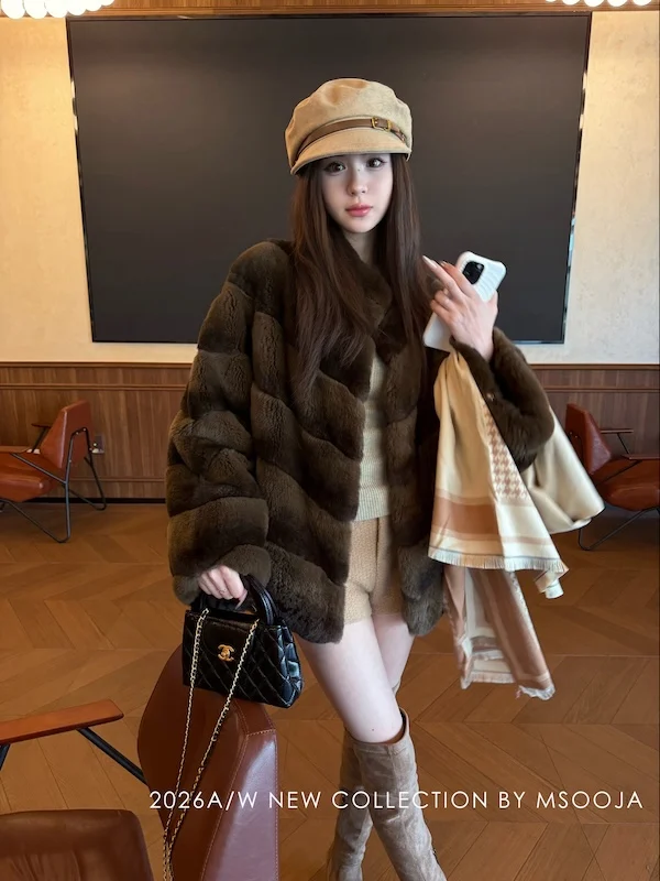 New High Quality Real Natural Rex Rabbit Fur Coat for Women Long Sleeves Luxury Fur Coat Thick Warm Outerwear Female Jackets
