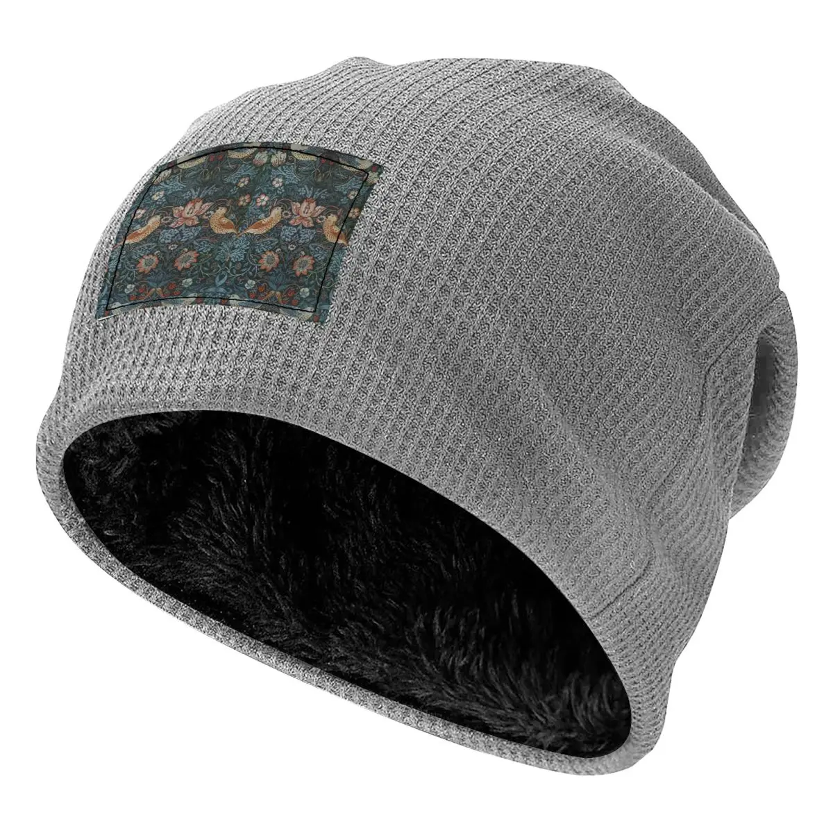 William Morris Original Vintage Poster - Strawberry Thief 1883 Waffle Fleece Lined Beanie with PU Leather Patch Winter Soft Cap