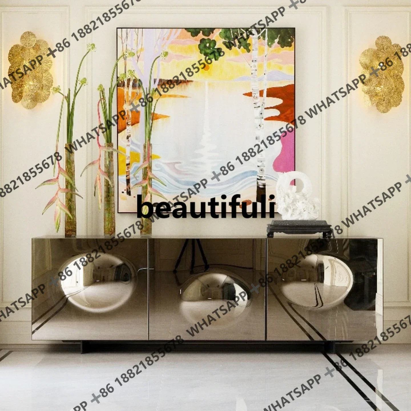 

Italian metal side cabinet fashion art high-end solid wood storage cabinet H