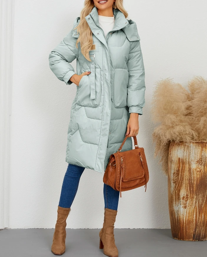 Winterjassen Vrouw 2024 Lange Mouwen Warme Muts, Effen Kleur Katoenen Jas Dames Winter Donsjack Donzen Jassen