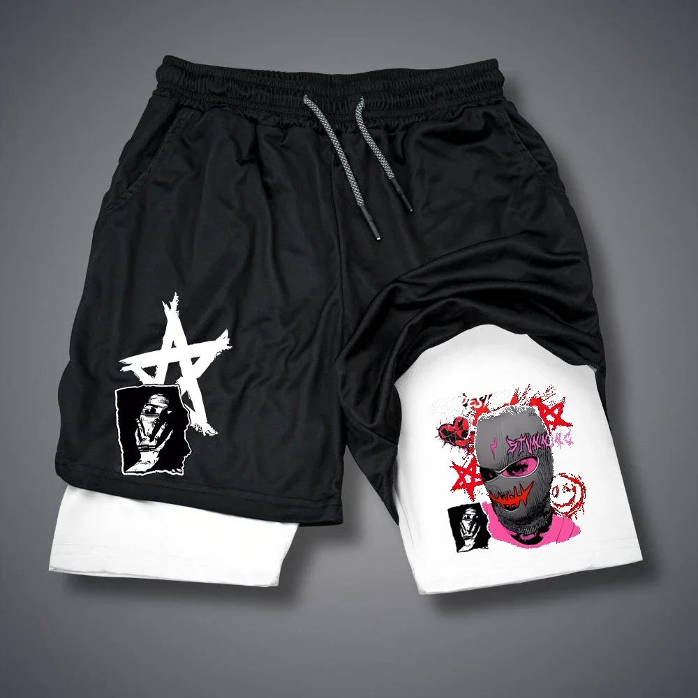 メンズスタープリントコンプレッションショーツ、ランニングパンツ、速乾性、タオルポケット付きジョギング、フィットネススポーツウェア、2 in1