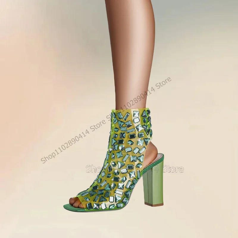 

Green Crystal Decor Cut Heel Peep Toe Sandals Boots Side Zipper Women Shoes Chunky High Heels New Party 2025 Zapatos Para Mujere
