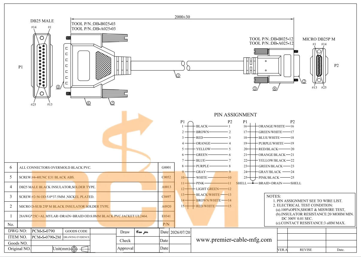 25-poliges CMD-zu-D-Subminiatur-Kabel, Micro-D-Sub 25P zu DB25 Buchse-zu-Stecker, kompatibel mit Molex 834249062, Micro-D-Steckerverbindung – Detail 3