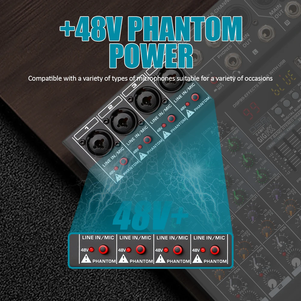 المهنية 8 قناة جهاز مزج الصوت DGNOG DMK08FX DJ وحدة خلط الصوت مع 48 فولت الطاقة الوهمية بلوتوث USB لاستوديو الكاريوكي