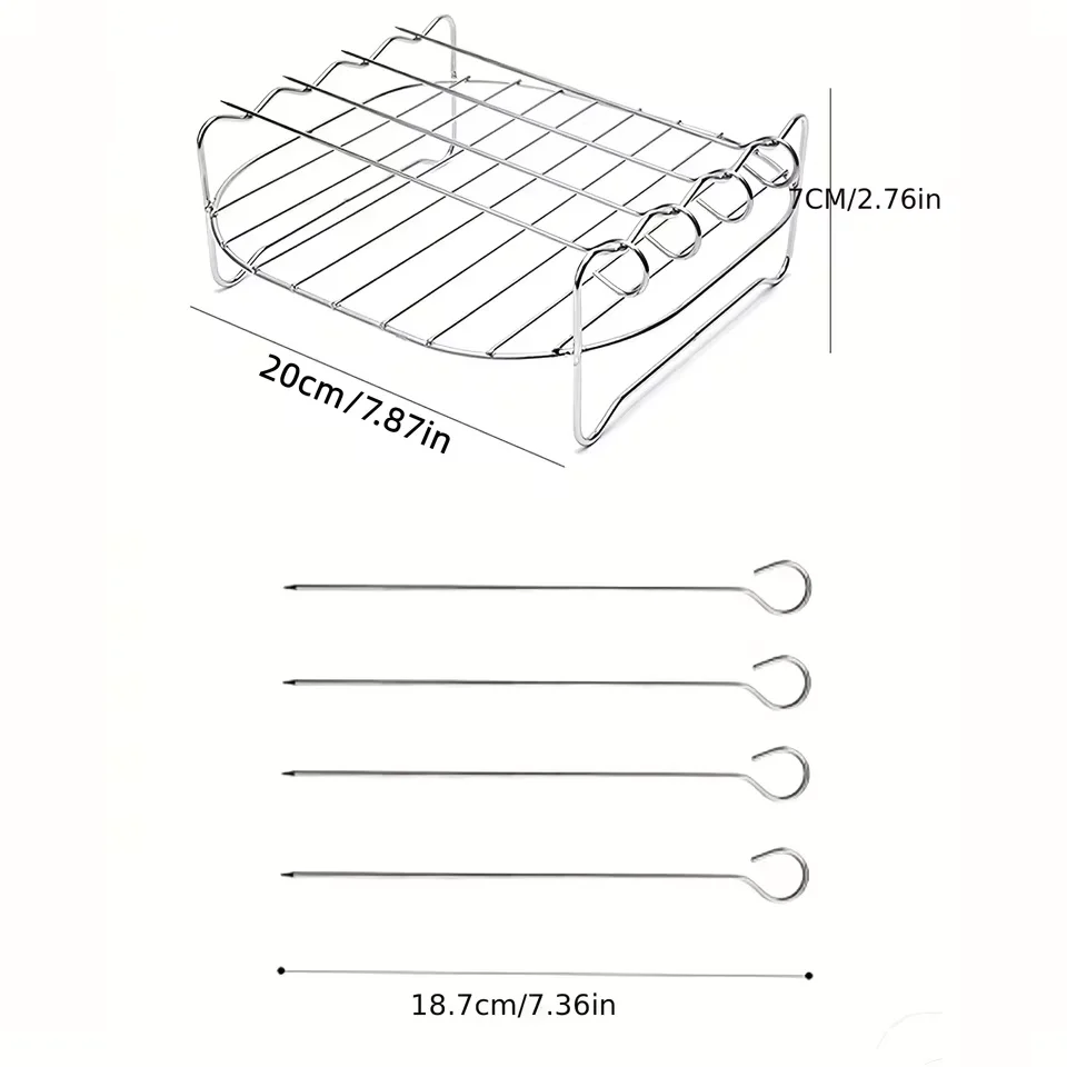 Parrilla cuadrada para freidora de aire de 20cm/7,87 pulgadas, de acero inoxidable, con 4 brochetas para barbacoa, acces