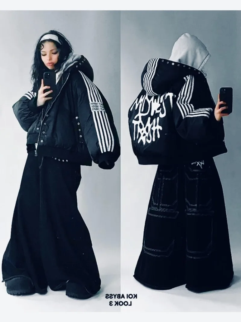 

new hip hop Street Harajuku striped loose zipper jacket warm cotton-padded jacket Goth fashion personality jacket for men and wo
