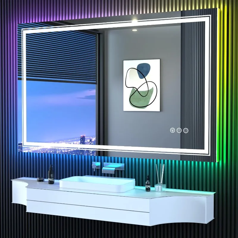 LED Mirror for Bathroom, , Anti-Fog, Large Lighted Bathroom Vanity Mirror for Wall,Shatterproof,Memory Function,Tempered Glass