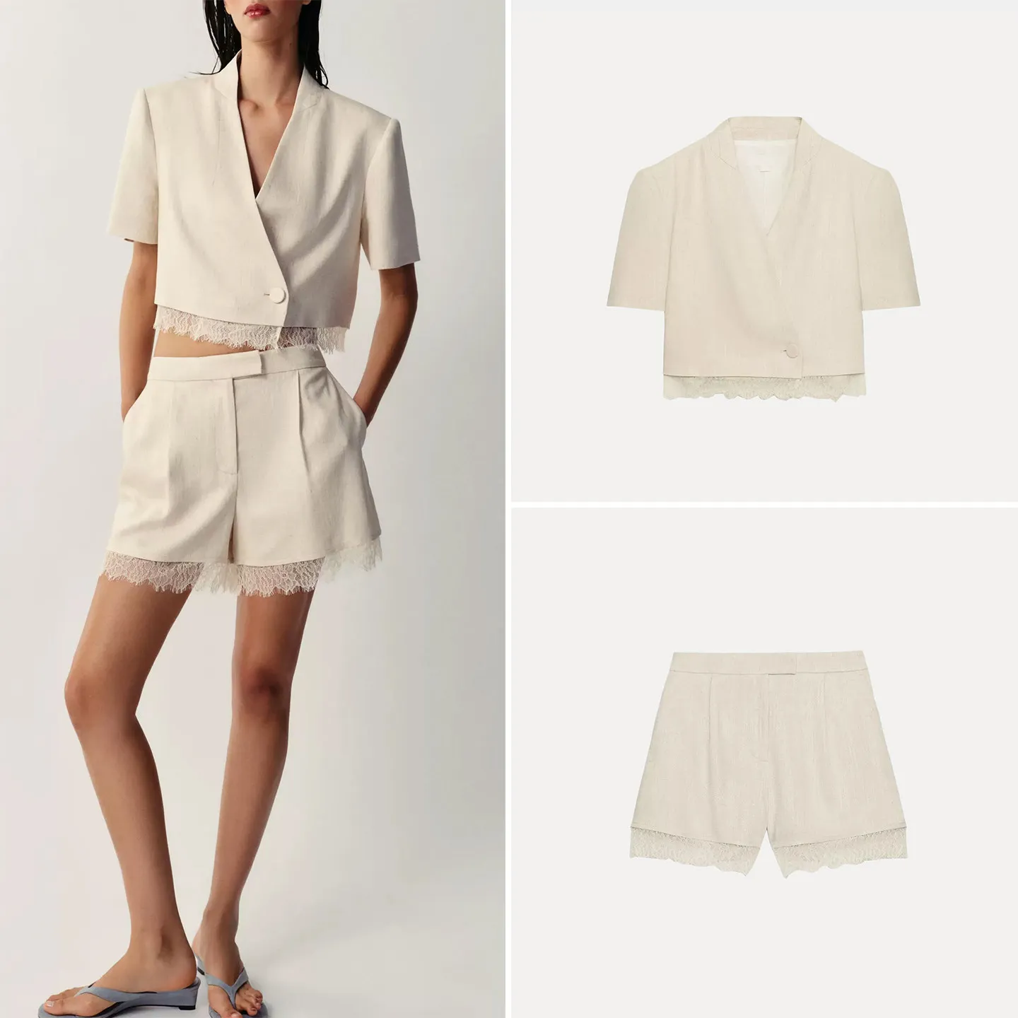 Women's Short Suit Jacket with Shoulder Pads Summer Fashion Set High Waist Short Pants Lace Trim Two Piece Ensemble Zadata Brand
