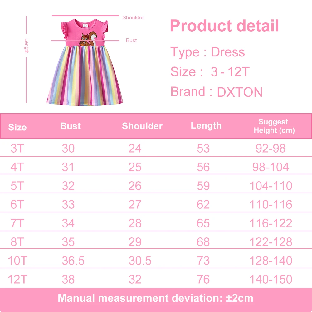 DXTON Cotton Children\'s Clothing Summer Toddler Causal Dresses Flying Sleeve Kids Vestidos Squirrel Applique Striped Girls Dress