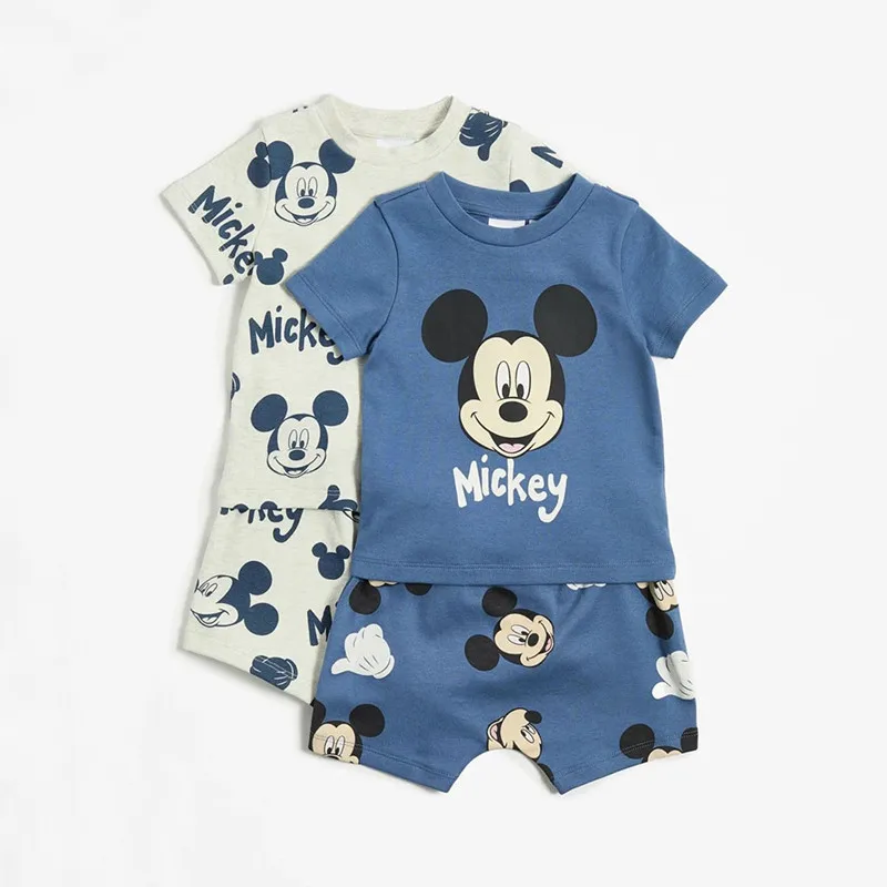 2Sets/pack Cute Mickey Mouse Print Clothes Suits for Kids Summer Cotton Short Sleeve Tshirt + Shorts Baby Boy Girl Outfits