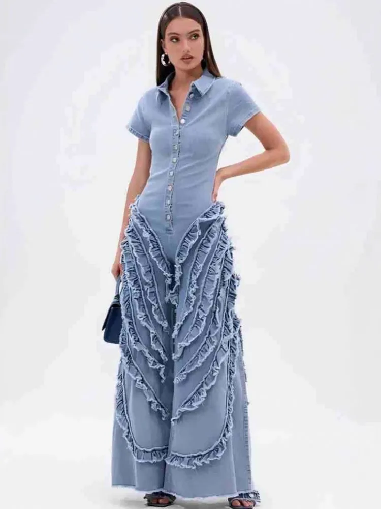 솔리드 컬러 여성 점프수트 데님 진 반팔 루즈핏 패션 스트리트웨어 오버올 와이드 레그 팬츠 트라우저 2025