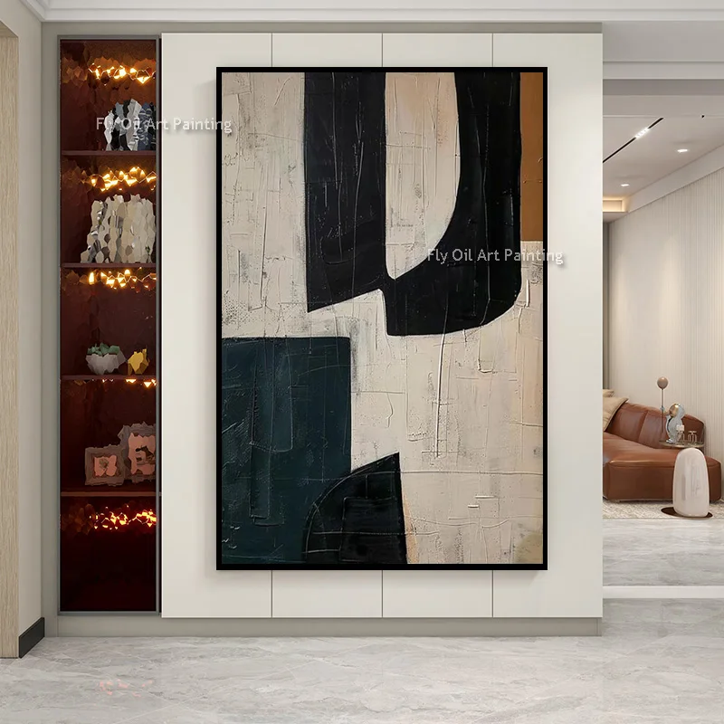 Abstract Geometric Block Hand Painted Oil Painting Minimalist Textured Wall Art Neutral Earth Tone Canvas Artwork For Home Decor