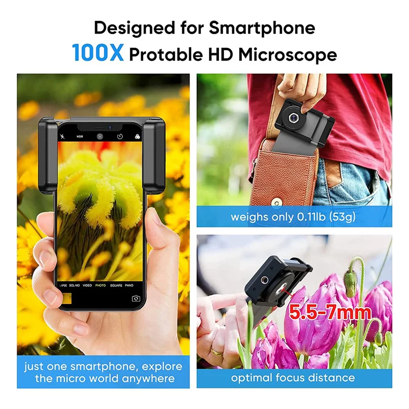 AD41-Phone Macro เลนส์,100X กล้องจุลทรรศน์ไมโครกล้อง LED Light CPL กระเป๋ามือถือ,ใช้งานร่วมกับสมาร์ทโฟน