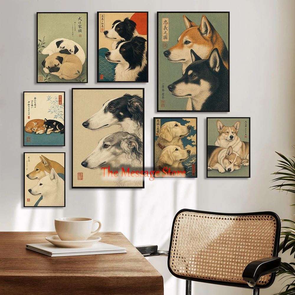 Japanese Woodblock Style Animal Dogs Illustration Shiba Pug Golden Retriever Greyhound Poster Canvas Painting Wall Picture Decor