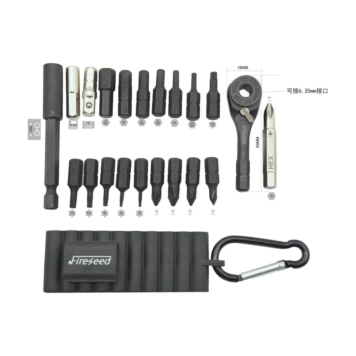 21-teiliger 60-Zahn EDC Ratschenschlüssel-Satz, 1/4' Magnethalter & Bits, Präzisions-4mm-Adapter, Tragbar mit Karabiner-Schraubenschlüssel-Werkzeug – Detail 6