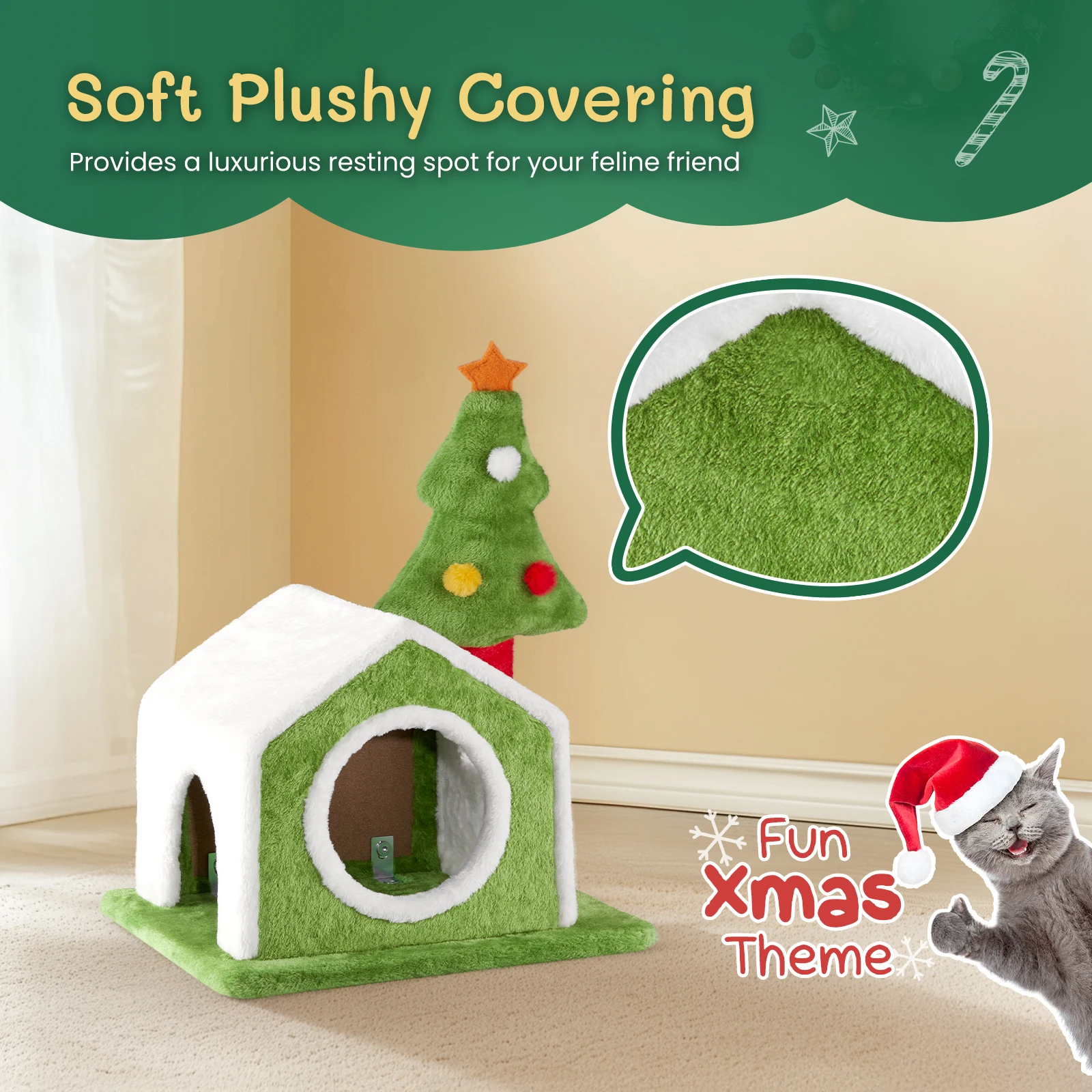 

24in Christmas Cat House Cat Bed Cave, Soft Plush Christmas Nest Holiday Decor for Indoor Cats