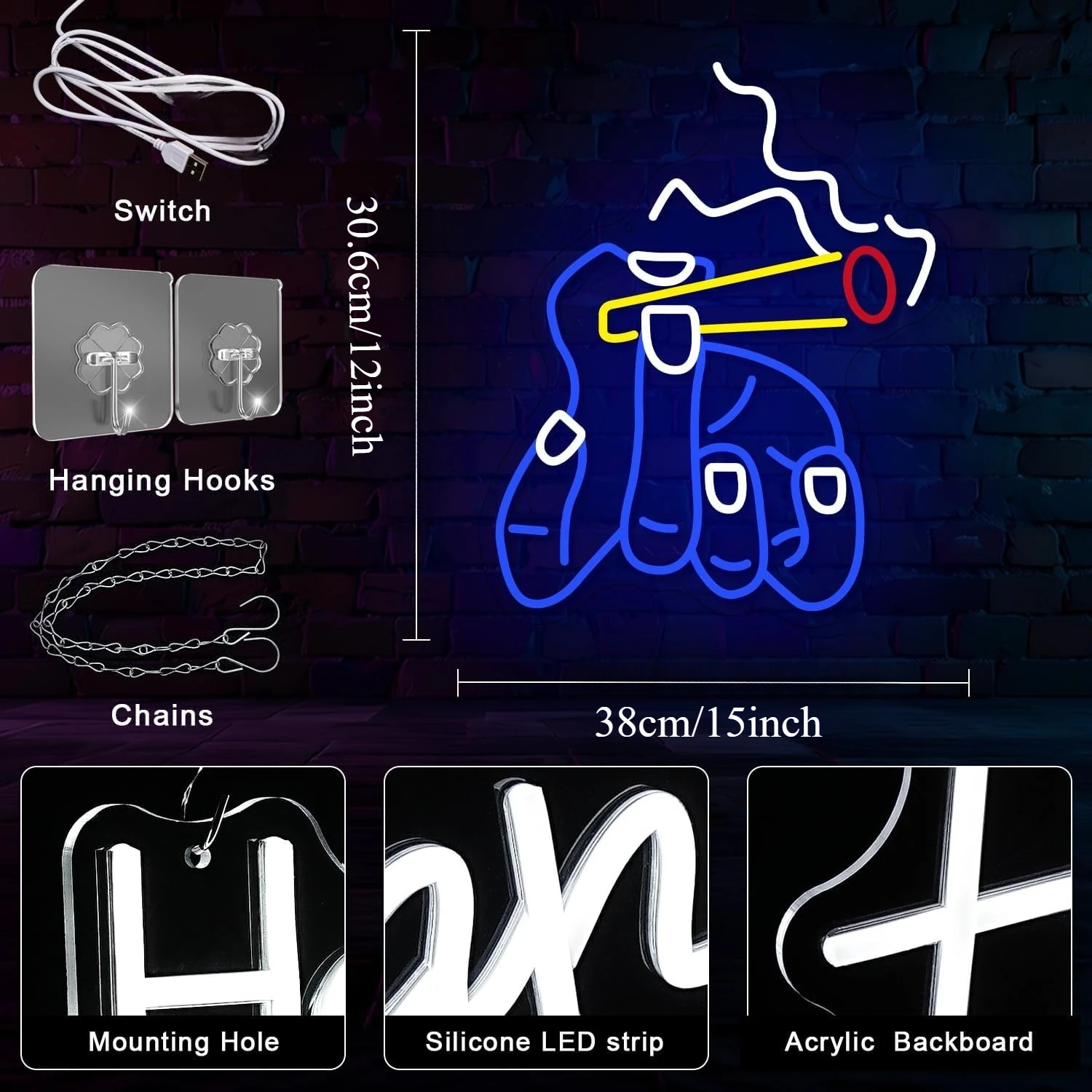 Hand Neon Sign USB Dimmable LED Neon Light for Bar Club Man Cave Boys Stoner Shop Bedroom Home Decoration Gift