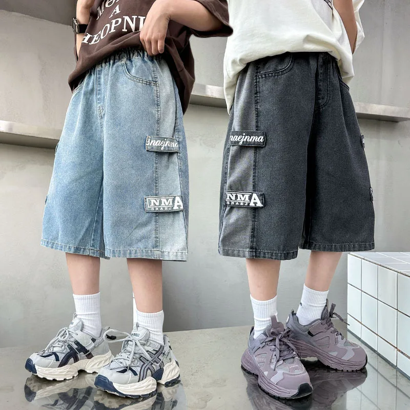 

New Summer Kids Denim Shorts Big Boy Designer Luxury Black Blue Knee-Length Short Pants Children Stylish Cool Bottoms 5-14 Year